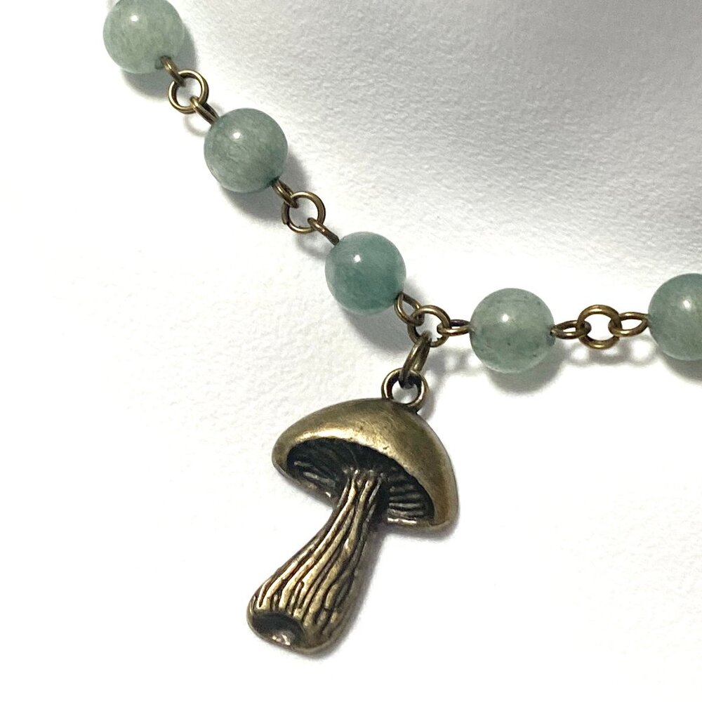 Natural Gray Green Aventurine Choker, Bronze Slim Mushroom + Genuine Gemstone